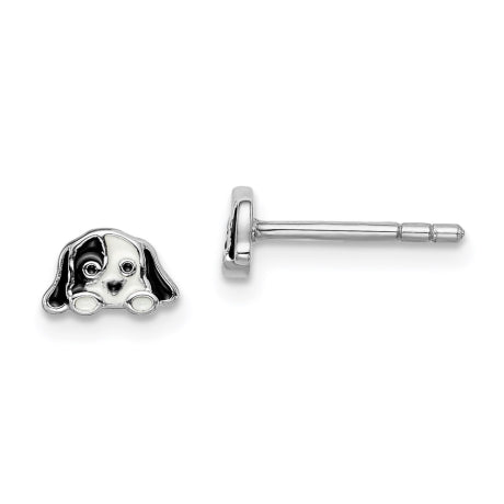 Sterling Silver Rhodium-plated Childs Enameled Puppy Post Earrings