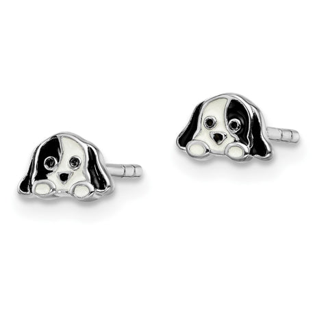 Sterling Silver Rhodium-plated Childs Enameled Puppy Post Earrings