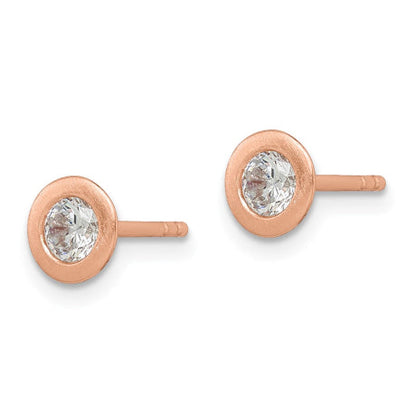 Sterling Silver Rose-tone Brushed CZ Post Earrings