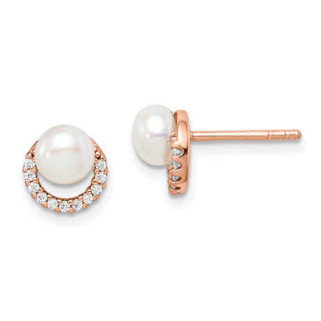 Sterling Silver Rose-tone w/ FW Cultured Pearl and CZ Earrings