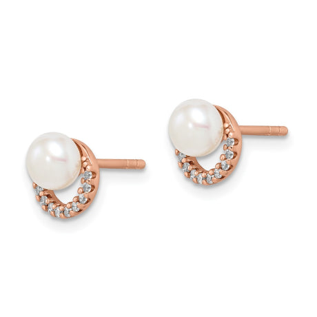 Sterling Silver Rose-tone w/ FW Cultured Pearl and CZ Earrings