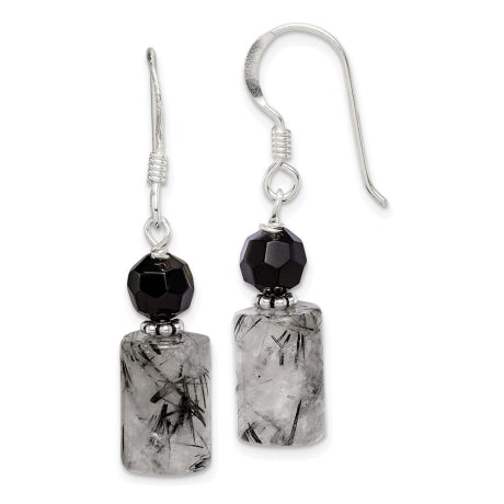 Sterling Silver Black Crystal and Tourmalinated Quartz Earrings