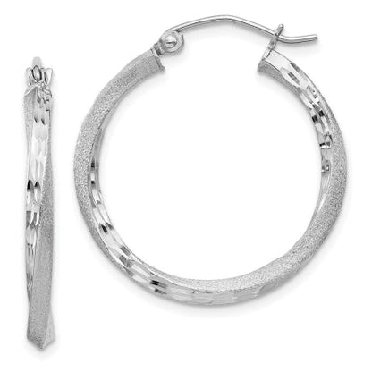 Sterling Silver RH-plated Satin Diamond-cut 2.5x25mm Twisted Hoop Earrings