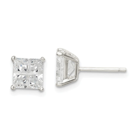 Sterling Silver 6mm Square Cross-cut CZ Basket Set Stud Earrings