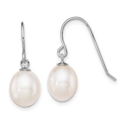 Sterling Silver Rhodium-plated White 8-9mm Drop FWC Pearl Dangle Earrings