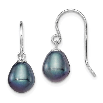 Sterling Silver Rhodium-plated 8-9mm Black FWC Pearl Dangle Earrings