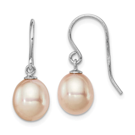 Sterling Silver Rhodium-plated 8-9mm Pink FW Cultured Pearl Drop Earrings