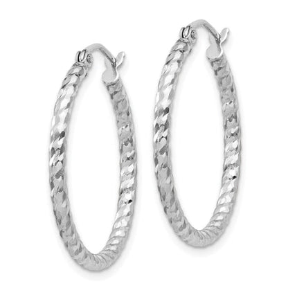 Sterling Silver Rhodium Plated Diamond-cut 2x25mm Hoop Earrings