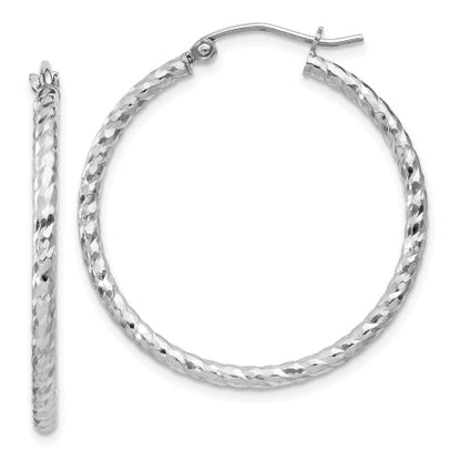 Sterling Silver Rhodium Plated Diamond-cut 2x30mm Hoop Earrings