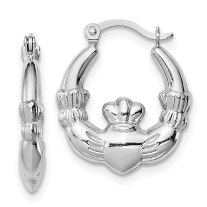 Sterling Silver Rhodium Plated Claddagh Hollow Hoop Earrings