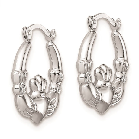 Sterling Silver Rhodium Plated Claddagh Hollow Hoop Earrings