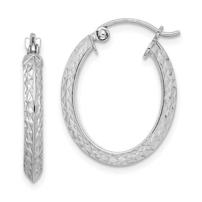 Sterling Silver Rhodium Plated Diamond Cut Oval Hoop Earrings