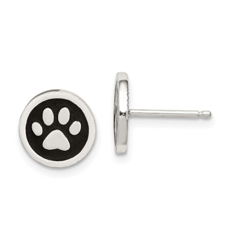 Sterling Silver Polished Enamel Paw Print Post Earrings