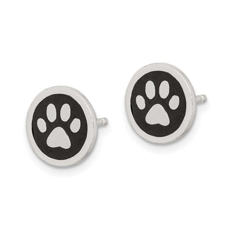 Sterling Silver Polished Enamel Paw Print Post Earrings