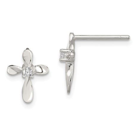 Sterling Silver Rhodium-plated CZ Cross Post Earrings