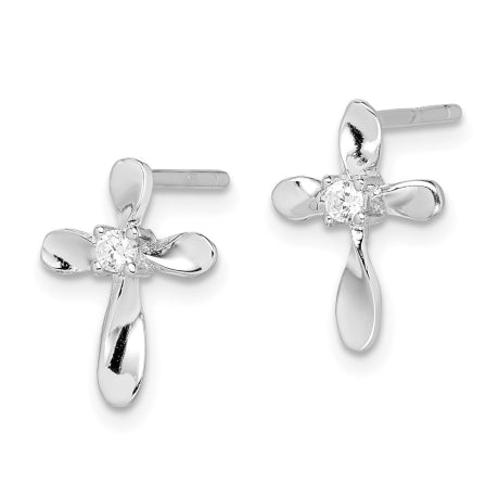 Sterling Silver Rhodium-plated CZ Cross Post Earrings