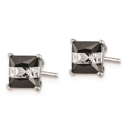 Sterling Silver RH-plated Black/White CZ 6mm Square Post Earrings