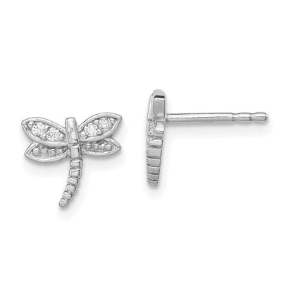 Sterling Silver Rhodium-plated CZ Dragonfly Post Earrings