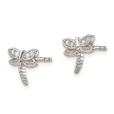 Sterling Silver Rhodium-plated CZ Dragonfly Post Earrings