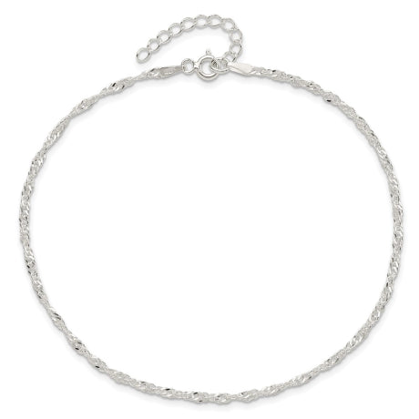 Sterling Silver 2mm Singapore 9in Plus 1in ext. Chain Anklet