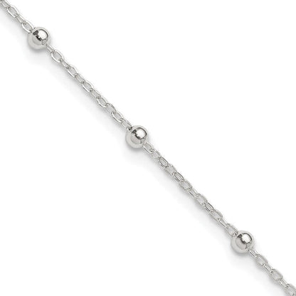 Sterling Silver 1mm Beaded Chain 9in Plus 1in ext. Anklet