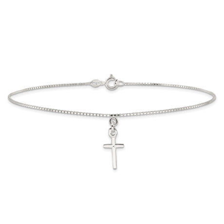 Sterling Silver 10 in Solid Polished Cross on Box Chain Anklet