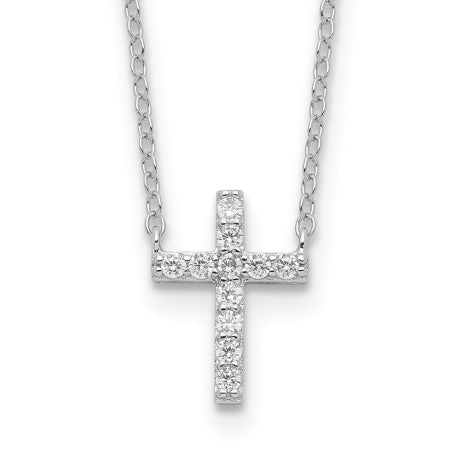 Sterling Silver Rhodium-plated CZ Cross w/2in ext. Necklace