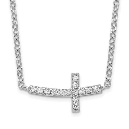 Sterling Silver Rhodium-plated CZ Sideways Cross 16 inch Necklace with 2 inch extension