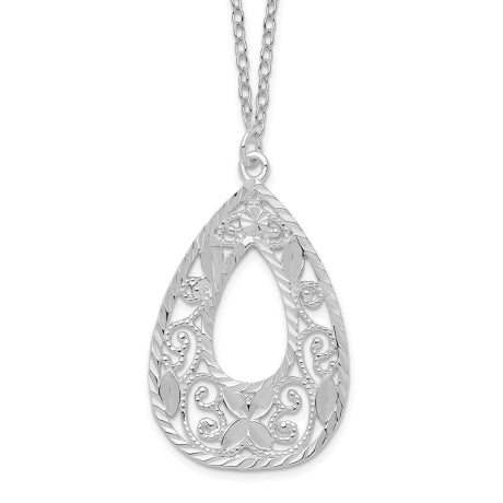 Sterling Silver Polished and Diamond-cut Fancy Teardrop 17.5 inch Necklace