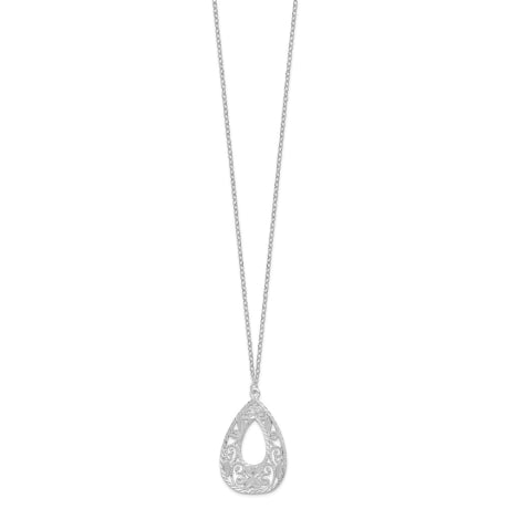 Sterling Silver Polished and Diamond-cut Fancy Teardrop 17.5 inch Necklace