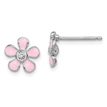 Sterling Silver Rhodium-plated Madi K Enamel and Crystal Flower Earrings