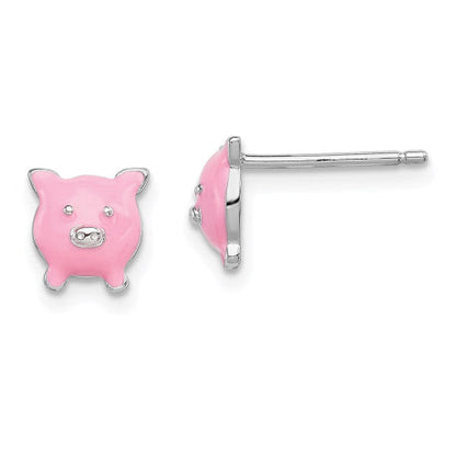 Sterling Silver Rhodium-plated Madi K Enamel Pig Post Earrings