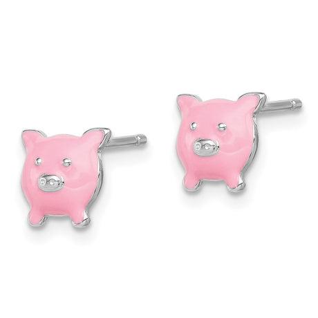 Sterling Silver Rhodium-plated Madi K Enamel Pig Post Earrings