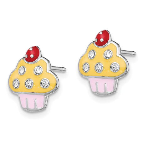 Sterling Silver Rhodium-plated Madi K Enamel and Crystal Cupcake Earrings