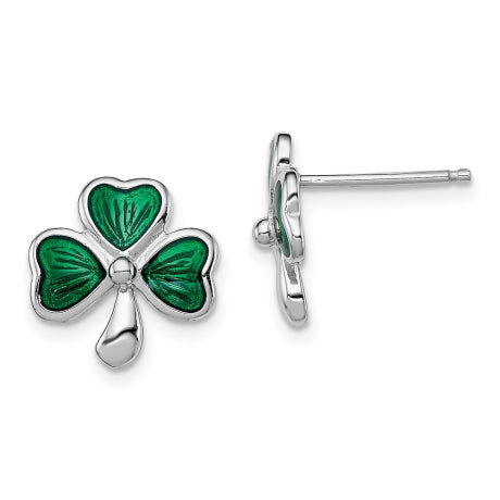 Sterling Silver Rhodium-plated Madi K Enamel Shamrock Post Earrings