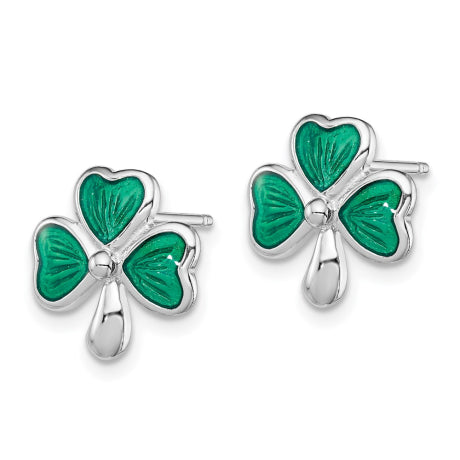 Sterling Silver Rhodium-plated Madi K Enamel Shamrock Post Earrings