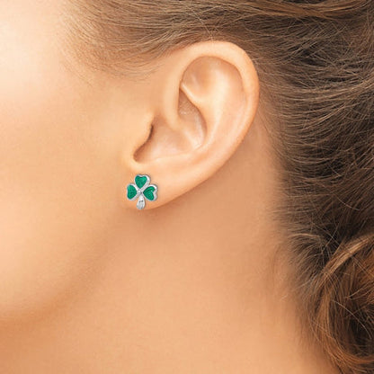 Sterling Silver Rhodium-plated Madi K Enamel Shamrock Post Earrings