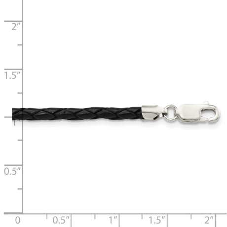 Sterling Silver 3mm Black Leather Braided Necklace