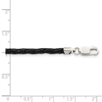 Sterling Silver 20inch 3mm Black Leather Braided Necklace