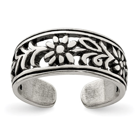 Sterling Silver Antiqued Flower Toe Ring