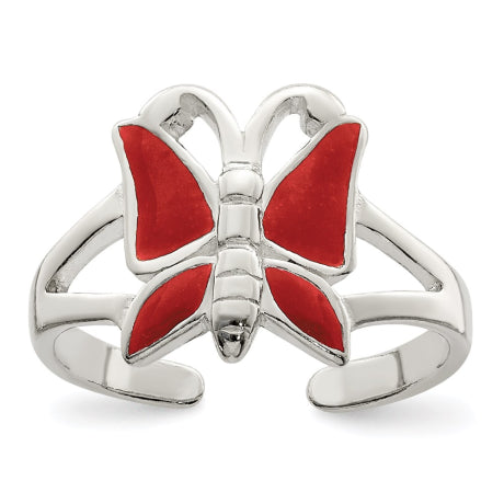 Sterling Silver Antiqued Red Enameled Butterfly Toe Ring