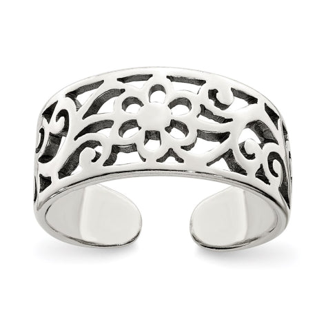 Sterling Silver Antiqued Floral Toe Ring