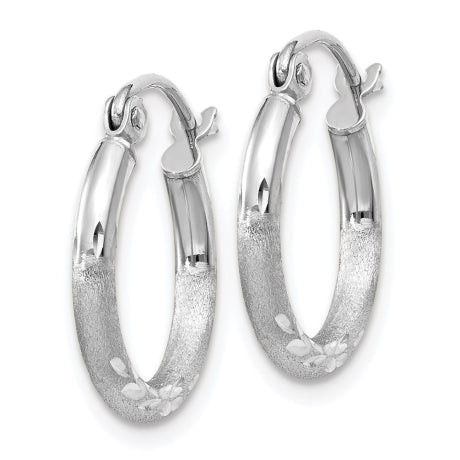 14k White Gold Satin and Diamond-cut 2mm Round Hoop Earrings