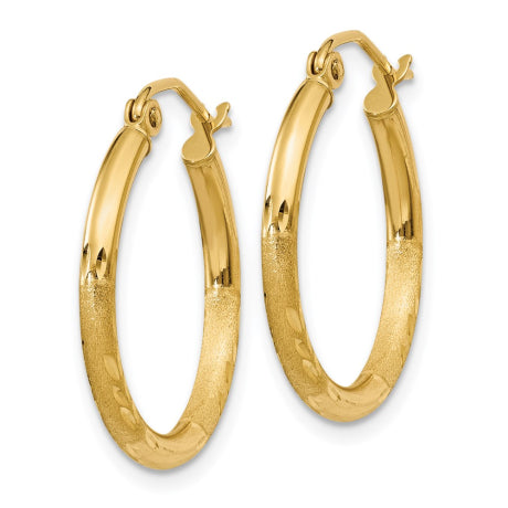 14k Satin and Diamond-cut 2mm Round Tube Hoop Earrings