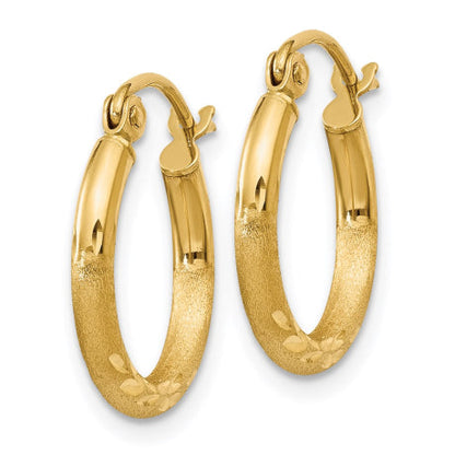 14k Satin and Diamond-cut 2mm Round Tube Hoop Earrings