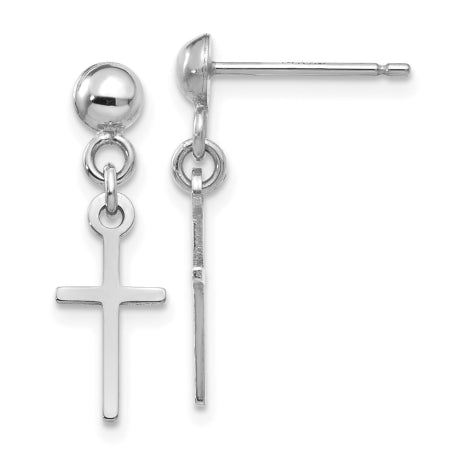 14k White Gold Polished Cross Dangle Post Earrings