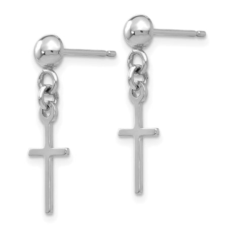 14k White Gold Polished Cross Dangle Post Earrings