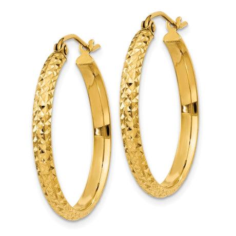 14K Diamond-cut 2.8x25mm Hollow Hoop Earrings