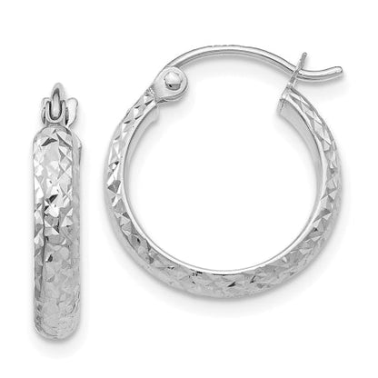 14K White Gold Diamond-cut 2.8x15mm Hollow Hoop Earrings