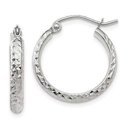 14K White Gold Diamond-cut 2.8x18mm Hollow Hoop Earrings